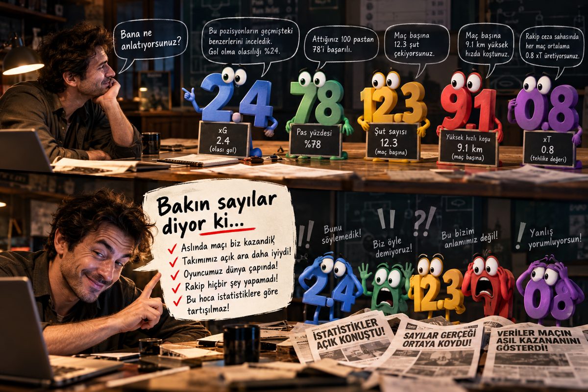 Bir sayı soruya cevap verir; yorumcu ise ona hiç söylemediği bir hükmü atfedebilir. HPAnalytic için oluşturulan özgün iki sahneli görsel.
